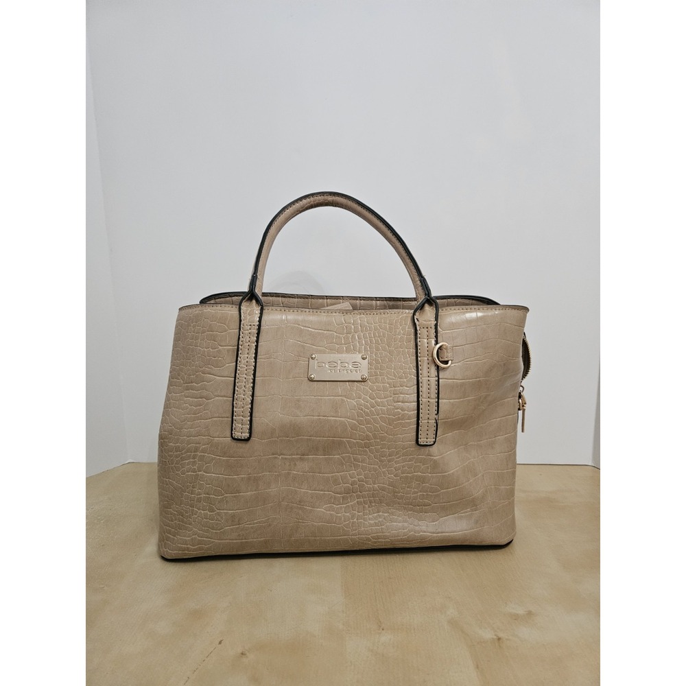 Bebe Beige Faux Croc Embossed Satchel Handbag Double Handle Tote Purse Medium